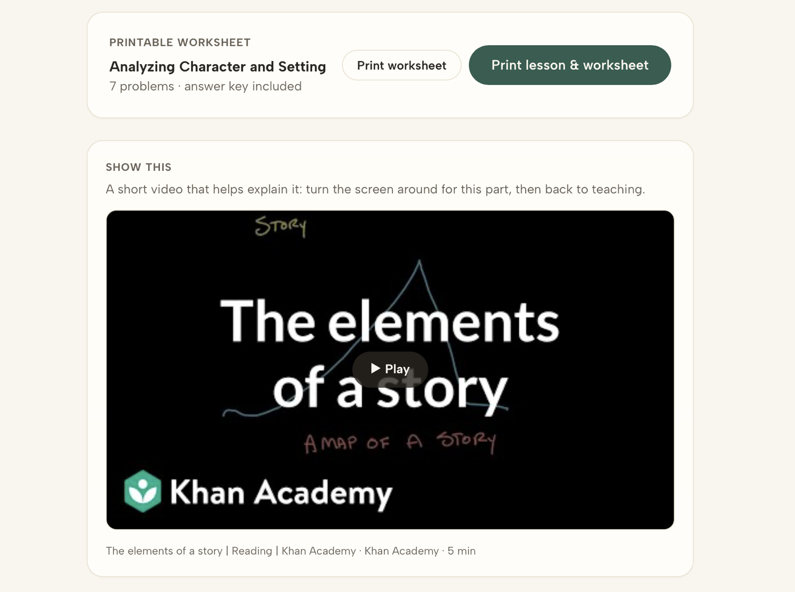 Part of an Arbor lesson called Analyzing Character and Setting: the printable worksheet card, then a card labelled Show this holding a Khan Academy video, The Elements of a Story, with a play button and its five-minute length.