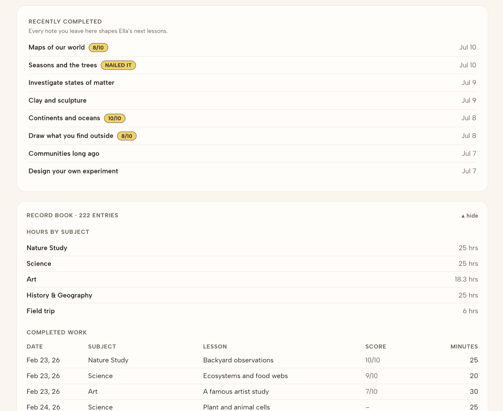 Arbor's record book: 222 entries, hours by subject, and a table of every completed lesson with its date, subject, score, and minutes.