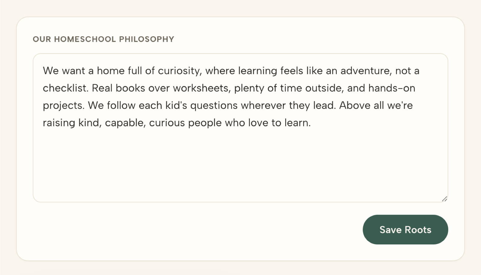 Arbor's Roots page, with a family's written homeschool philosophy about curiosity, real books, time outside, and hands-on projects.