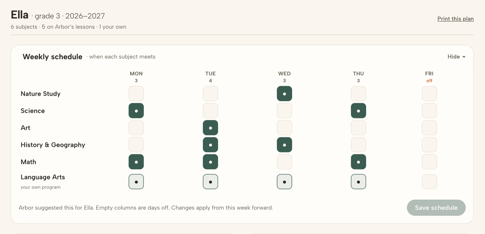 Arbor's weekly schedule grid: every subject down the side, Monday to Friday across the top, with a filled square on each day a subject meets. Friday is marked off, and Language Arts is labelled as the family's own program.